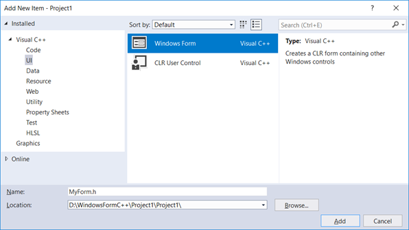 Visual Studio, C++ add new Windows Forms