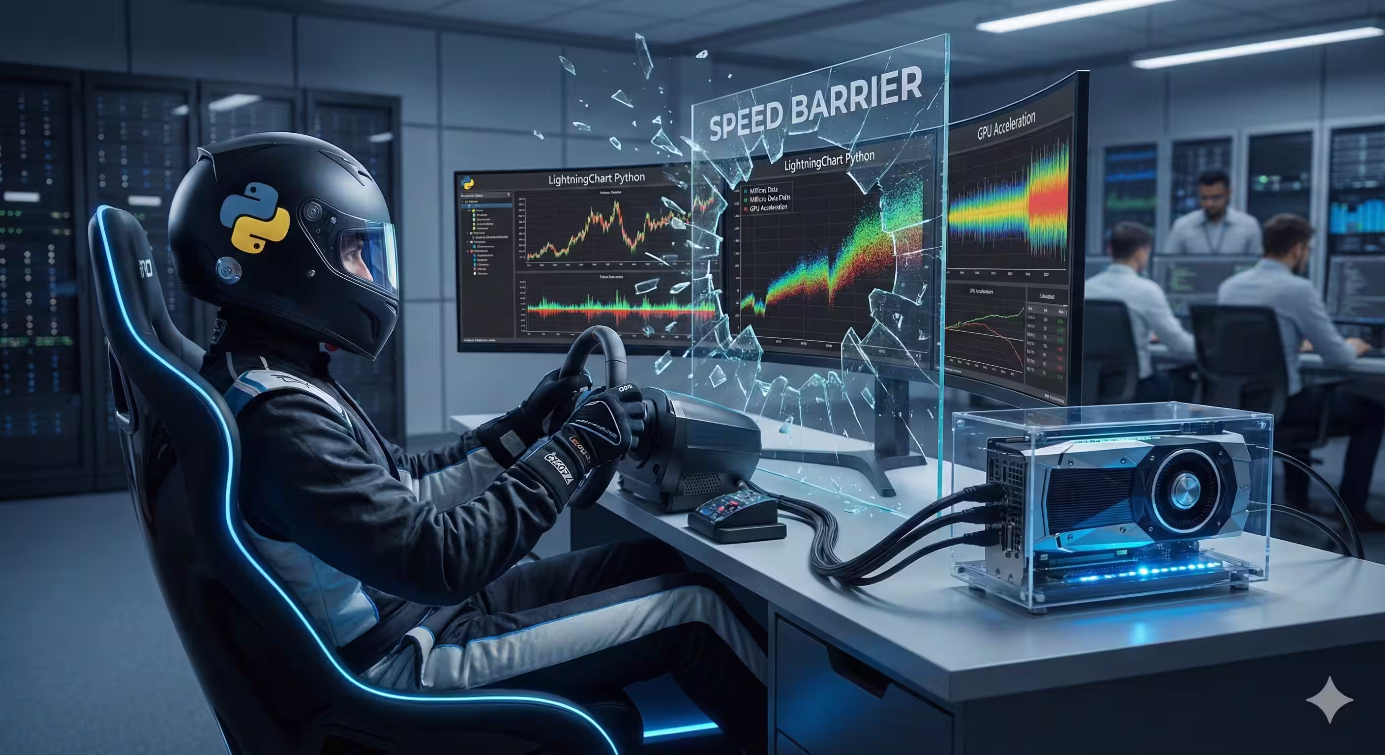 High-performance Python charts powered by GPU acceleration, illustrated by a driver using LightningChart Python to break through a speed barrier.