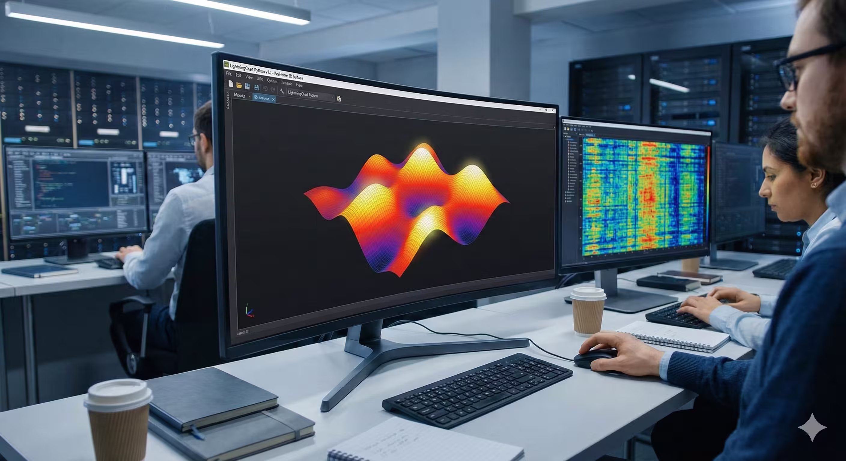 Developer using LightningChart Python to render a complex, high-performance 3D surface heatmap alongside code in a dual-monitor setup.