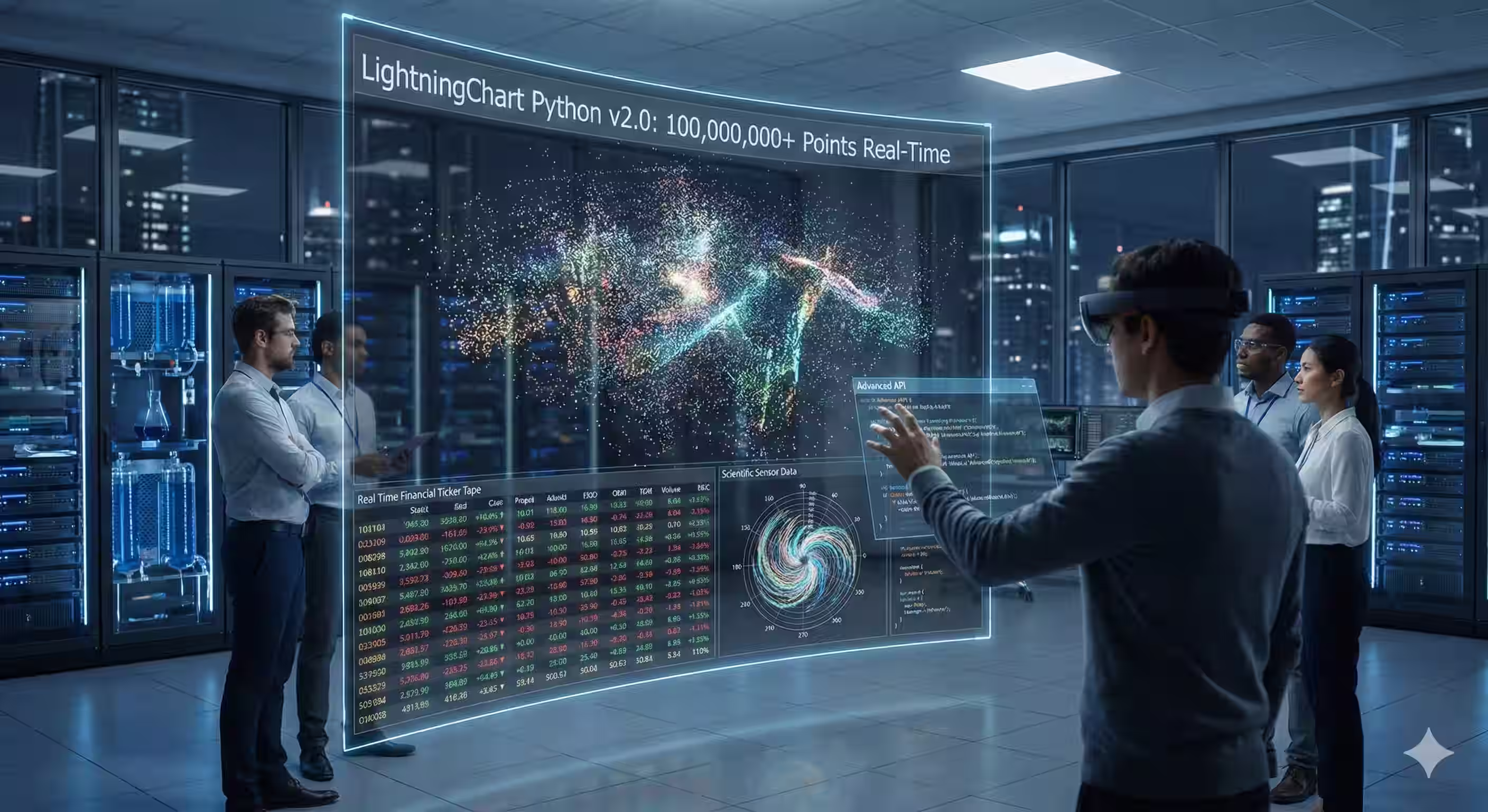 Futuristic visualization of LightningChart Python v2.0 rendering over 100 million data points in real-time on a large holographic display.