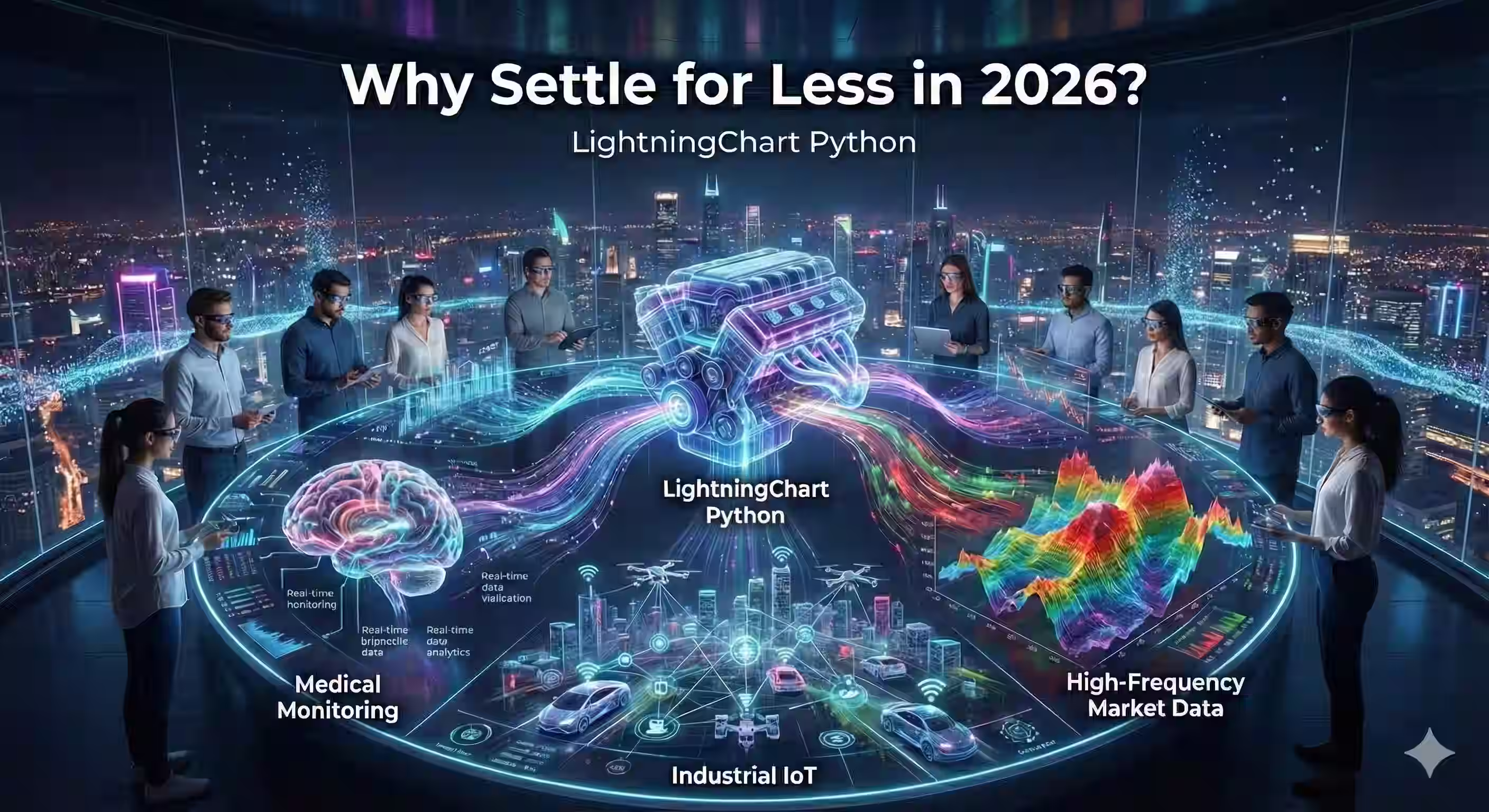 Conceptual illustration of LightningChart Python as the high-performance engine powering real-time medical, IoT, and financial data in 2026.