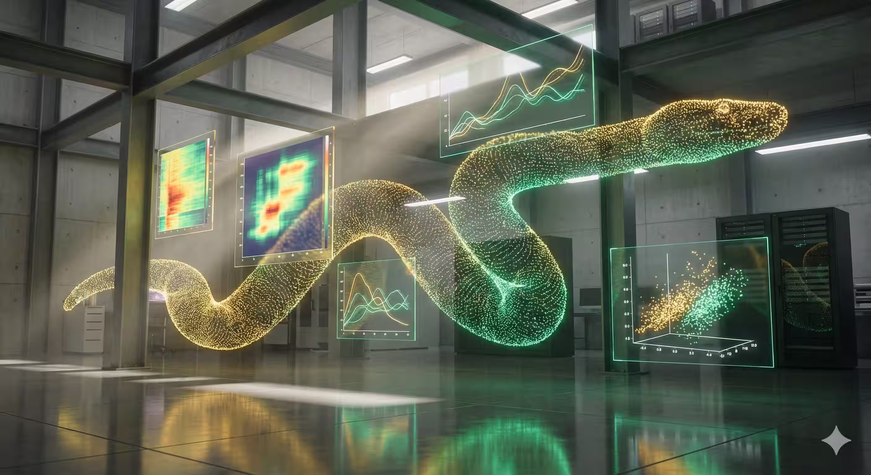 Redifining Python Data Viz Digital art of a glowing data-driven snake in a tech lab with floating Python visualization charts and 3D scatter plots.