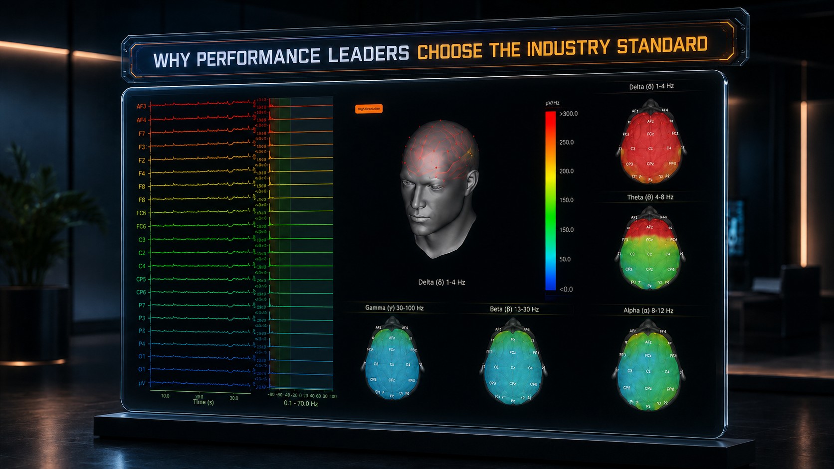 Futuristic EEG analytics dashboard on a glass display, showing colorful brainwave signals, a 3D brain model, and topographic heatmaps that visualize high-performance data analysis.